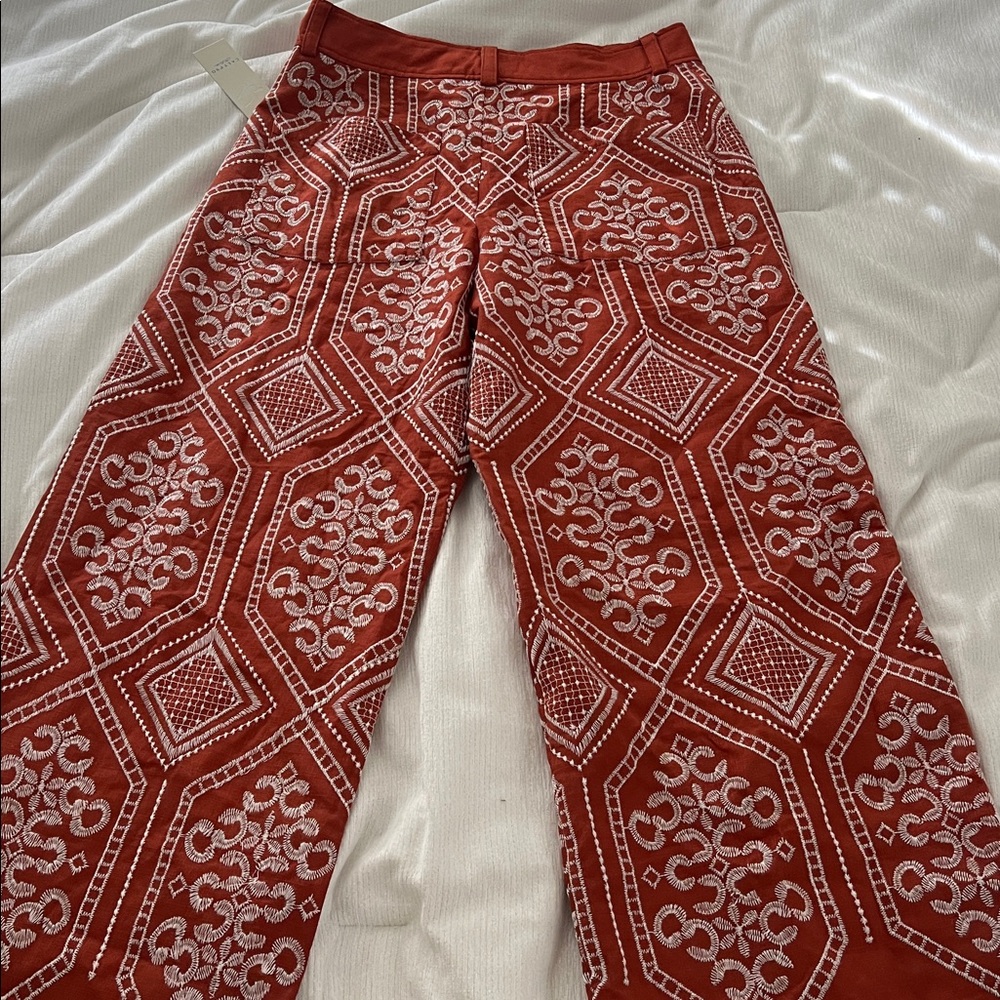 Calypso St. Barth Terracotta Cropped Wide Leg Stitched Linen Pant M - Picture 9 of 12